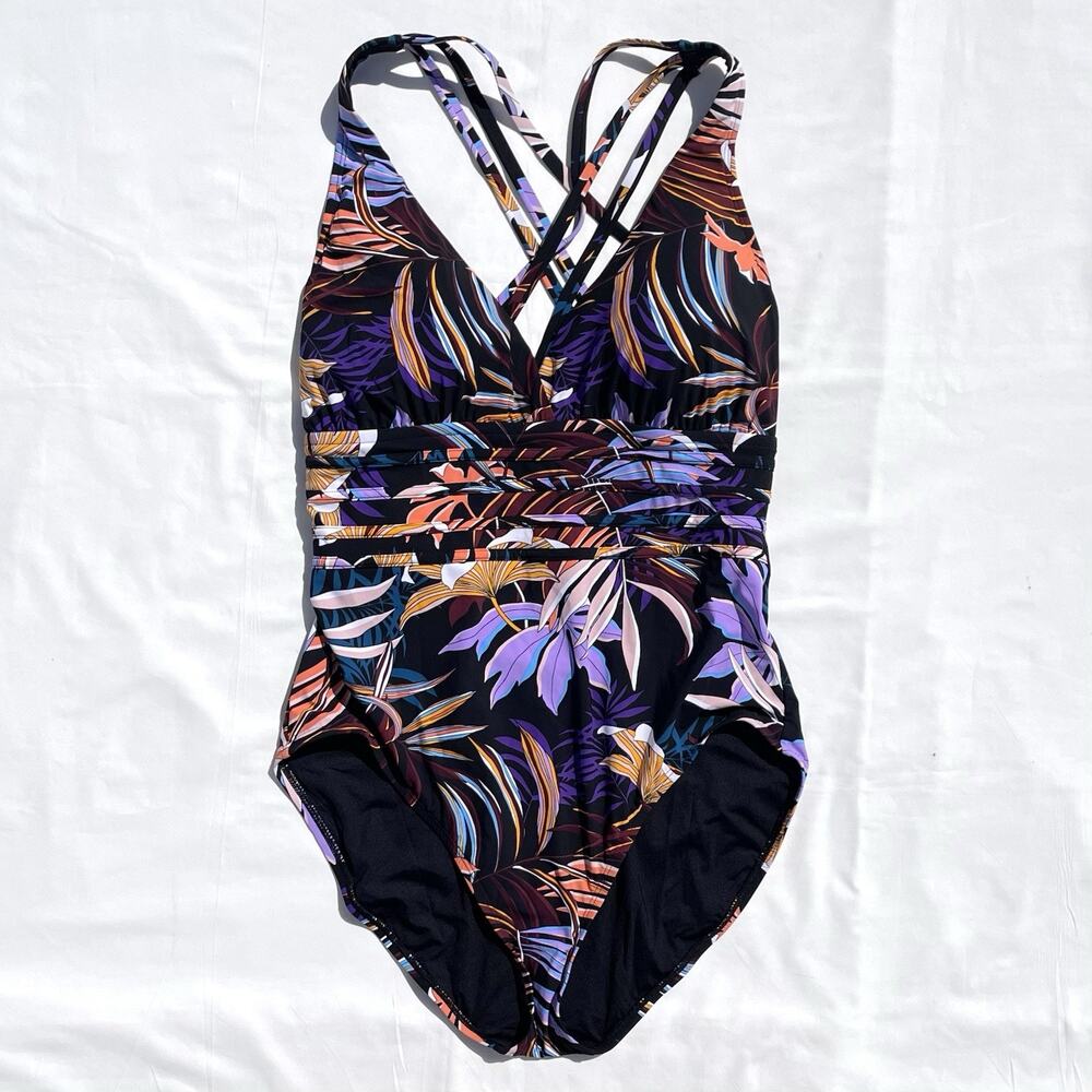 La Blanca Strappy One Piece Deep V Swimsuit Womens 16 Black Floral
